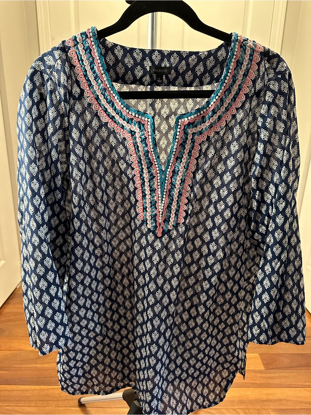 Talbots Navy Printed Tunic with Pink and Teal Embroidered Trim